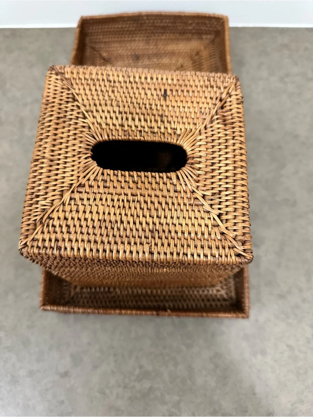 Woven Rattan Tissue Box Holder Cover & Tray Set - Natural Earthy Brown Classy